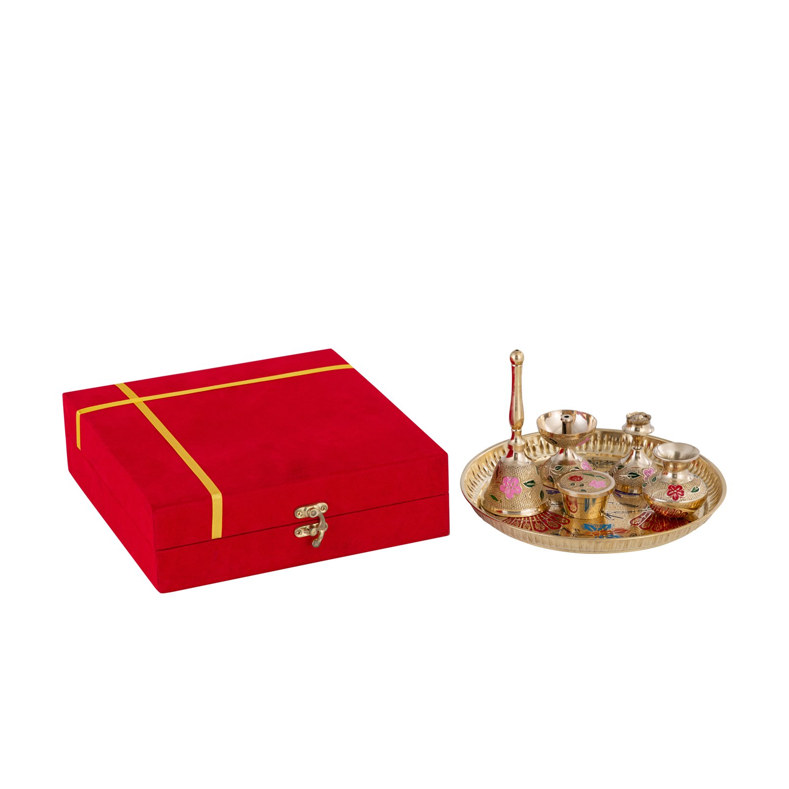 Decowill Brass Pooja Thali Set | Pooja Thali for Diwali, Navratri | Akhand Diya, Kalash, Dhoop Stand, Bell, Roli Box photo 6