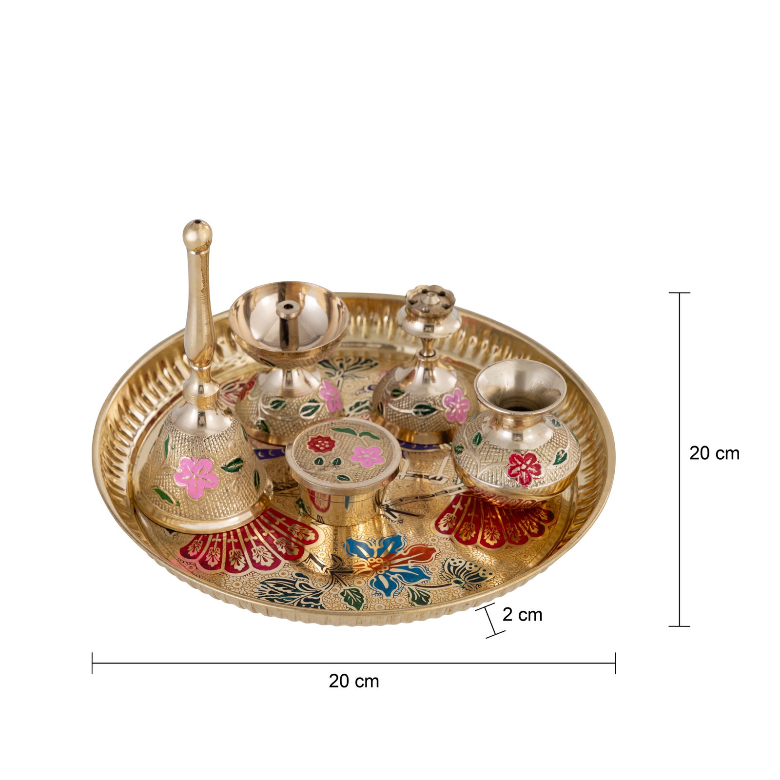 Decowill Brass Pooja Thali Set | Pooja Thali for Diwali, Navratri | Akhand Diya, Kalash, Dhoop Stand, Bell, Roli Box photo 2